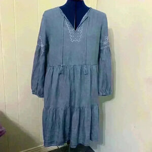 Beach Lunch Lounge Embroidered Chambray MIdi tier dress Medium Boho Brunch